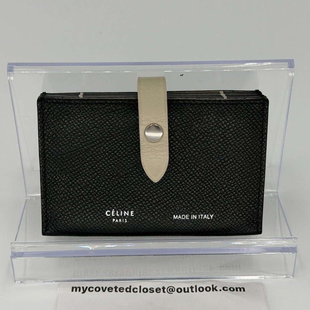 Céline Accordeon Black Leather Card Holder with Cream Strap Excellent Condition!